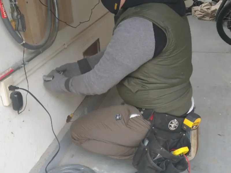 Electrician performing outlet wiring in a Middlebury garage